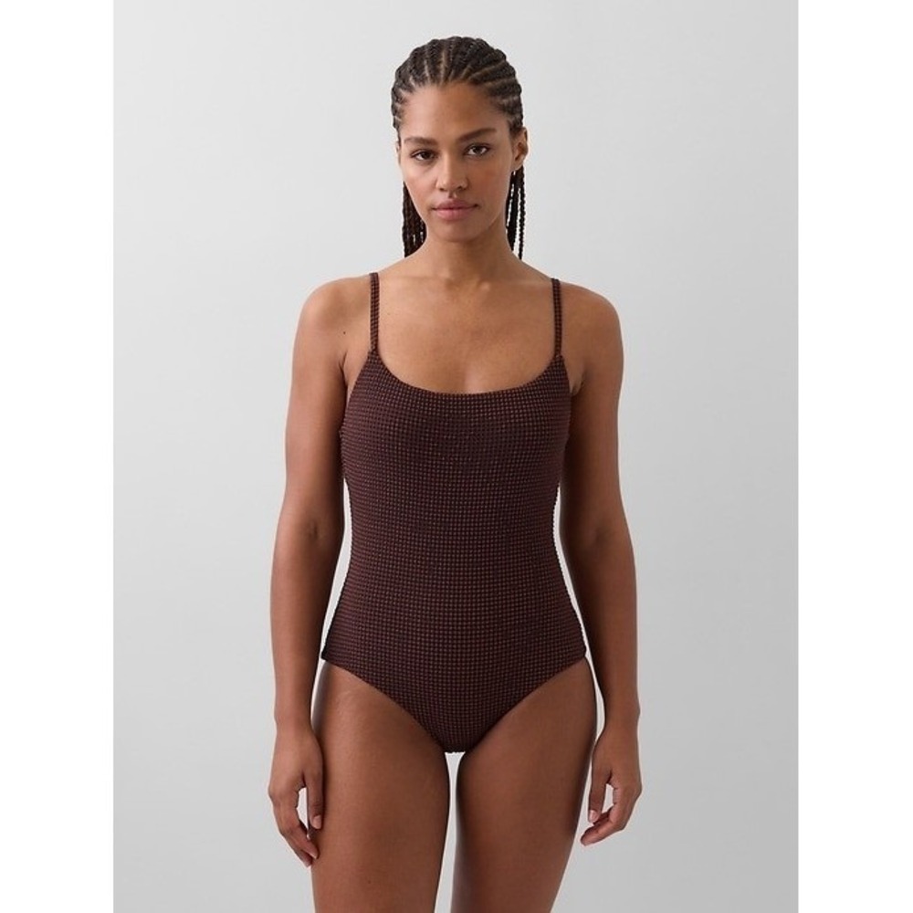 Gap Womens Gingham Textured One Piece Swimsuit Size M Brown Black Swim Beach NWT